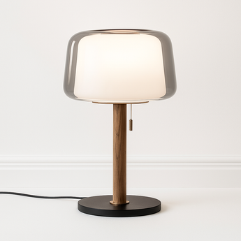 Luminária de Mesa Abajur Moderna Minimalista Vidro Zyn - Branco e Fumê / Ø30x50cm / Vidro, Madeira e Alumínio - ORNE™