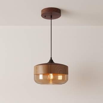 Luminária Pendente Moderna Minimalista Vidro Grace - Madeira e Âmbar / Ø25cm / Bulbo ou Filamento LED - ORNE™