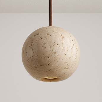 Luminária Pendente Moderna Minimalista Redondo Mármore Travertino Rykz - Ø10cm / Branco Quente (3000K) - ORNE™