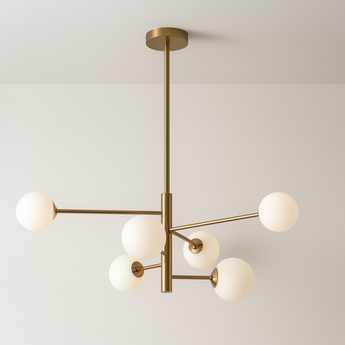 Luminária Pendente Moderna Minimalista Metal Vidro Lumi Ball - 6 Lâmpadas / Dourado / Vidro e Alumínio / Branco Quente (3000K) - ORNE™