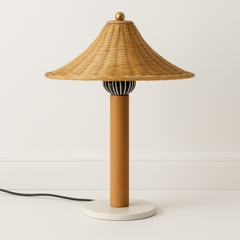 Luminária de Mesa Abajur Rústico Moderno Rattan Madeira LED Mortar — ORNE