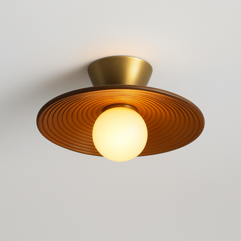 Luminária Plafon Moderna Minimalista Rústica Madeira Globo Bola Vidro Zavi - A / Ø15x25cm / Dourado / Branco Quente (3000K) - ORNE™