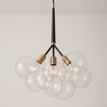 Luminária Pendente Moderno Clássico Globo Bolas Vidro Metal Netun - Marrom e Dourado / Ø50cm - ORNE™