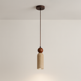 Luminária Pendente Moderna Minimalista Travertino Madeira Kaiu - Ø6x22cm / Branco Quente (3000K) - ORNE™