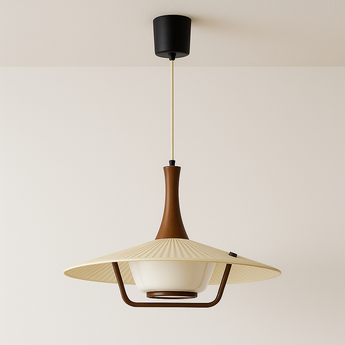 Luminária Pendente Minimalista Tecido Madeira Moira - Ø45x35cm / Branco, Marrom e Bege - ORNE™