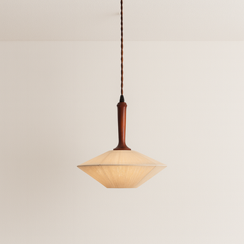 Luminária Pendente Moderna Minimalista Metal Tecido Madeira Neesi - Ø32cm - ORNE™