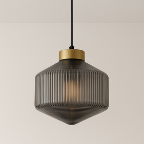 Luminária Pendente Moderna Minimalista Metal Vidro Canelado Avlon - Fumê - ORNE™